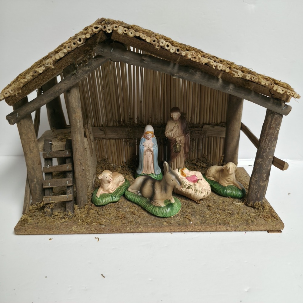 Vtg Sears Christmas Nativity Set Wood Stable Manger Creche Ceramic Figures